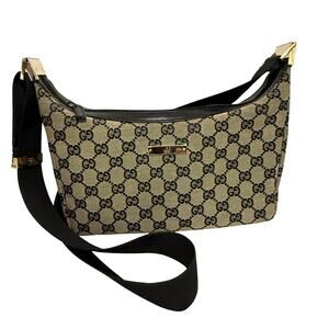 Gucci GG Canvas Shoulder Bag Crossbody Beige Black Gold Hardware Authentic